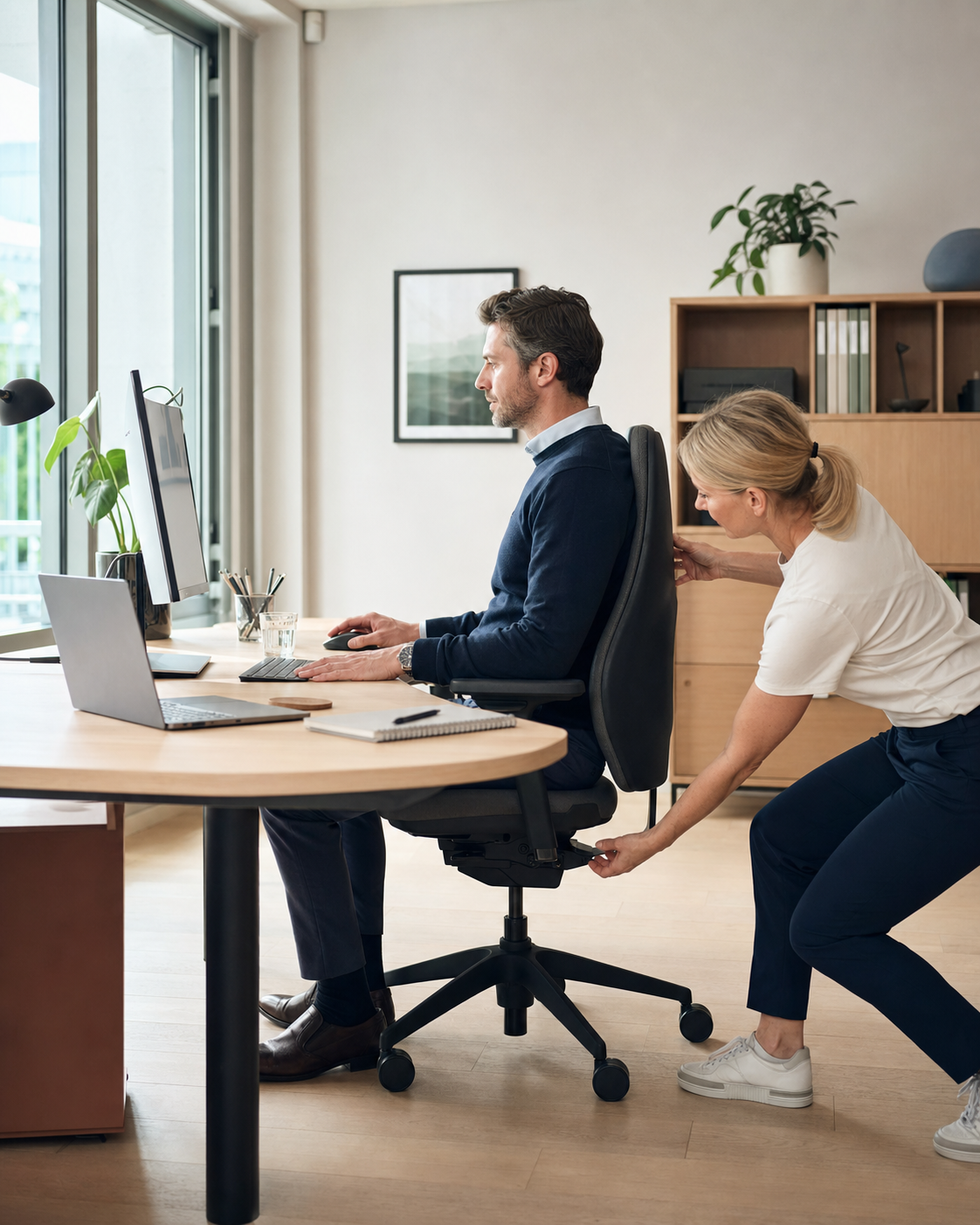 Ergonom går igenom arbetsställningen vid ett skrivbord